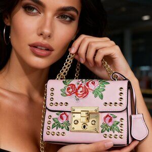 Rosa Pink Faux Leather Studded Bag Flower Embroidered Crossbody Purse